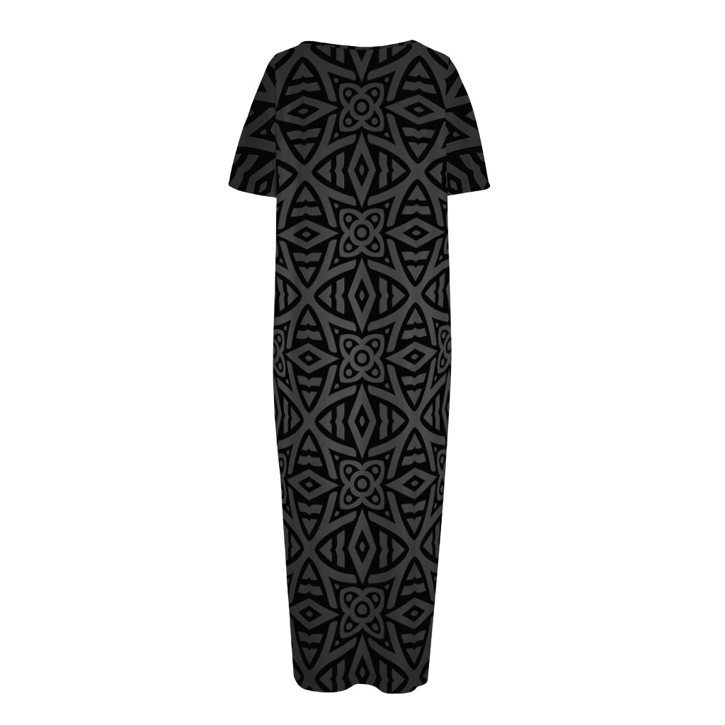 Black Celtic Symbol Pattern Print Short Sleeve Long Nightdress