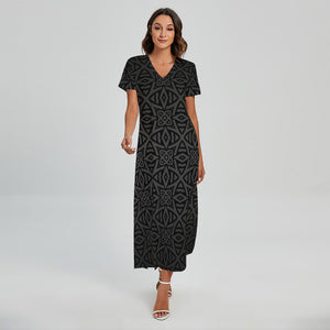 Black Celtic Symbol Pattern Print Short Sleeve Maxi Dress