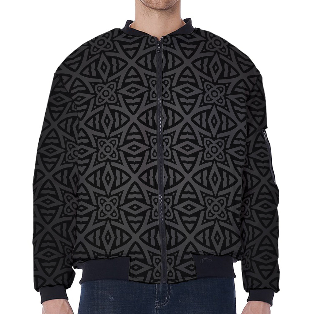 Black Celtic Symbol Pattern Print Zip Sleeve Bomber Jacket