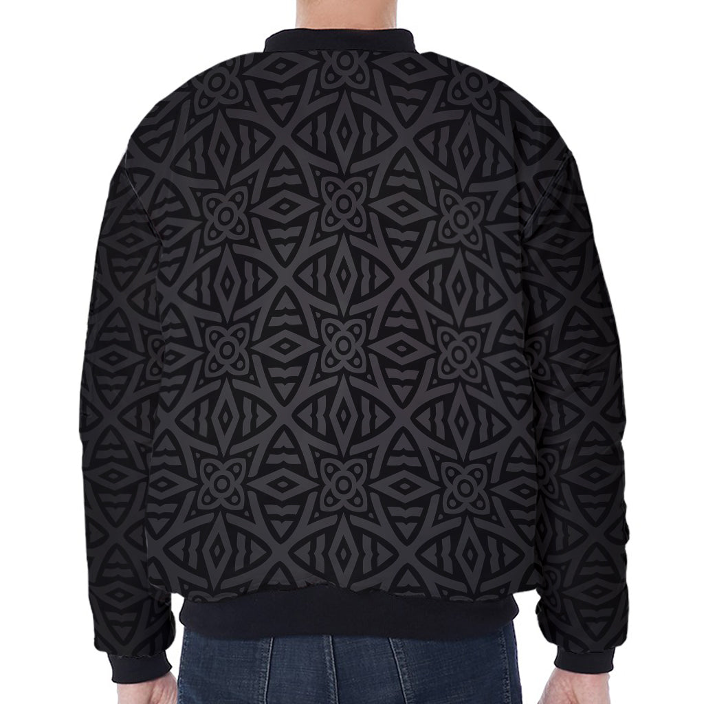 Black Celtic Symbol Pattern Print Zip Sleeve Bomber Jacket