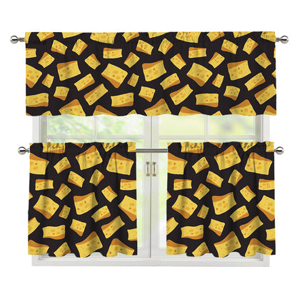 Black Cheese And Holes Pattern Print 3 Piece Kitchen Curtains