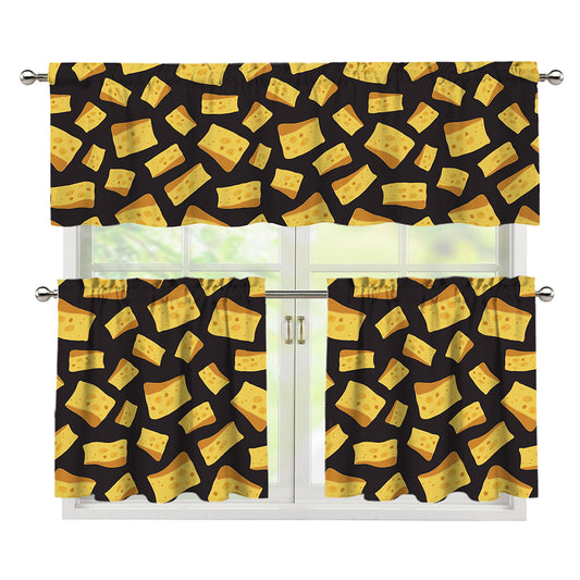 Black Cheese And Holes Pattern Print 3 Piece Kitchen Curtains