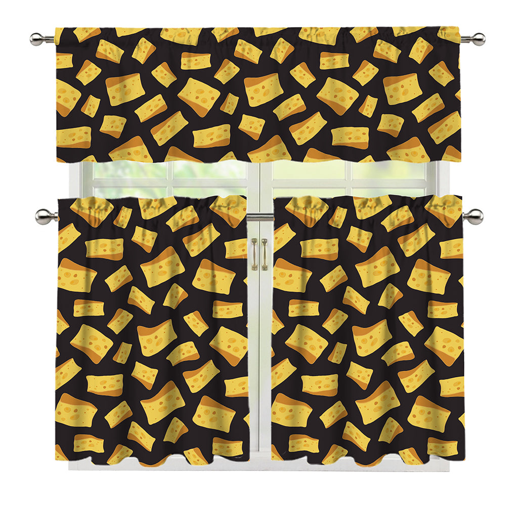 Black Cheese And Holes Pattern Print 3 Piece Kitchen Curtains