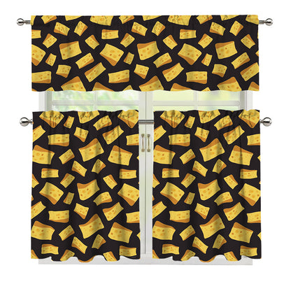 Black Cheese And Holes Pattern Print 3 Piece Kitchen Curtains
