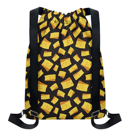 Black Cheese And Holes Pattern Print Drawstring Backpack