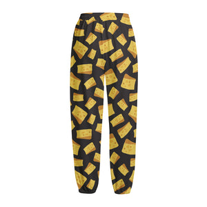 Black Cheese And Holes Pattern Print Fleece Lined Knit Pants