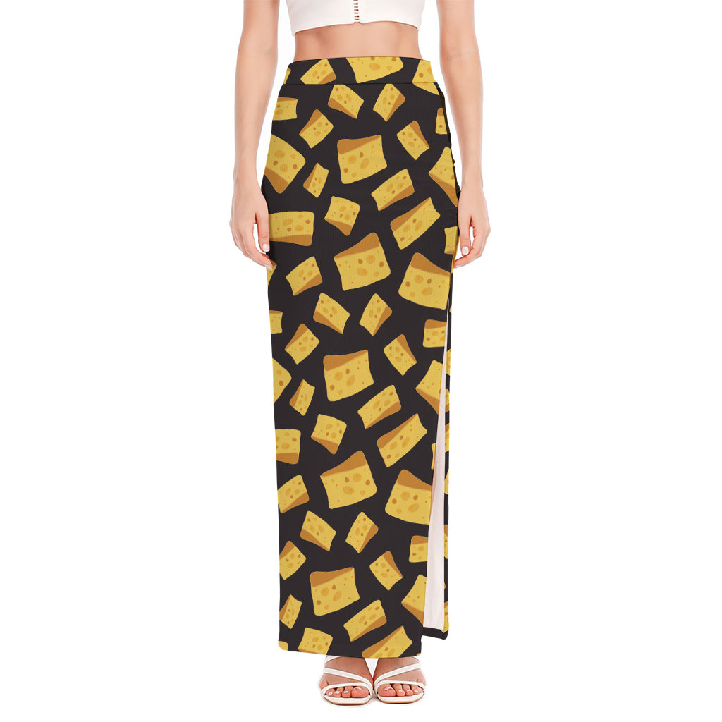 Black Cheese And Holes Pattern Print High Slit Maxi Skirt