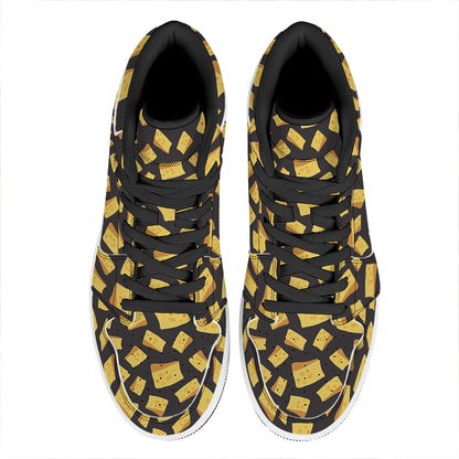 Black Cheese And Holes Pattern Print High Top Leather Sneakers