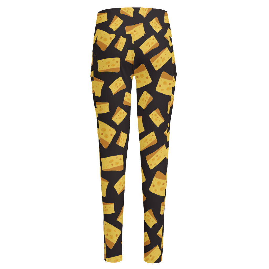 Black Cheese And Holes Pattern Print High-Waisted Pocket Leggings