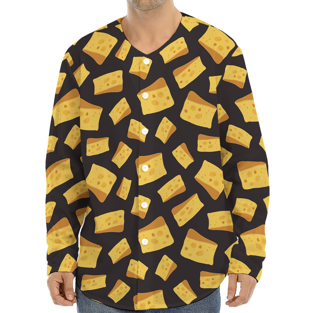 Black Cheese And Holes Pattern Print Long Sleeve Baseball Jersey