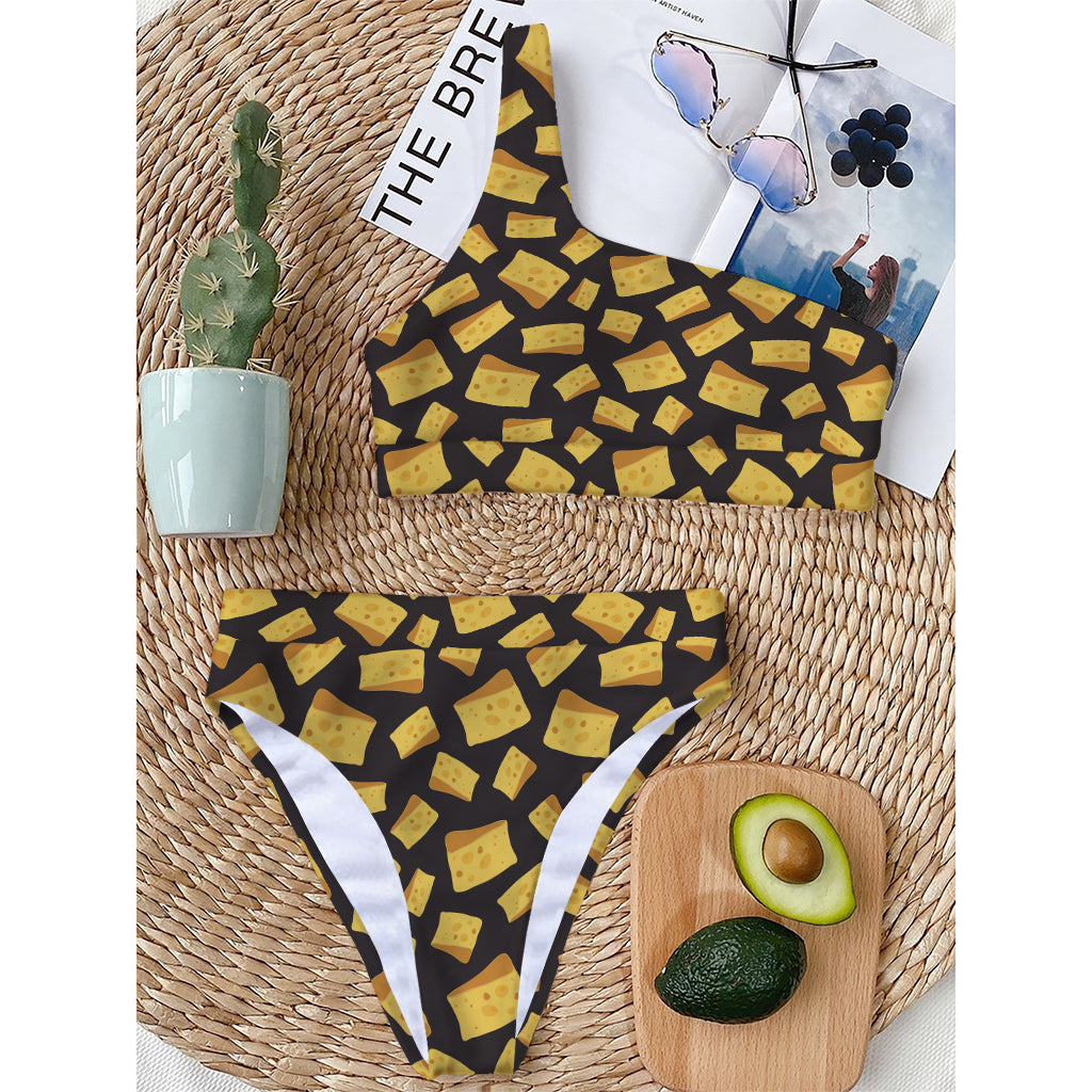 Black Cheese And Holes Pattern Print One Shoulder Bikini Top