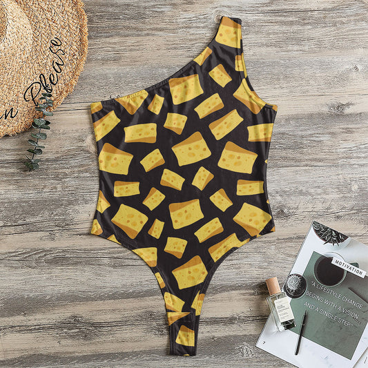 Black Cheese And Holes Pattern Print One Shoulder Bodysuit