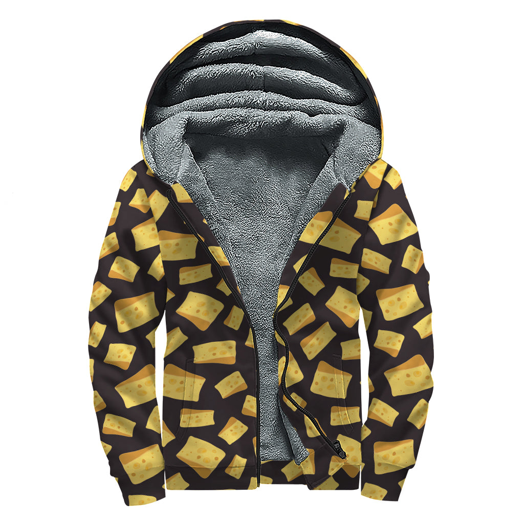 Black Cheese And Holes Pattern Print Sherpa Lined Zip Up Hoodie