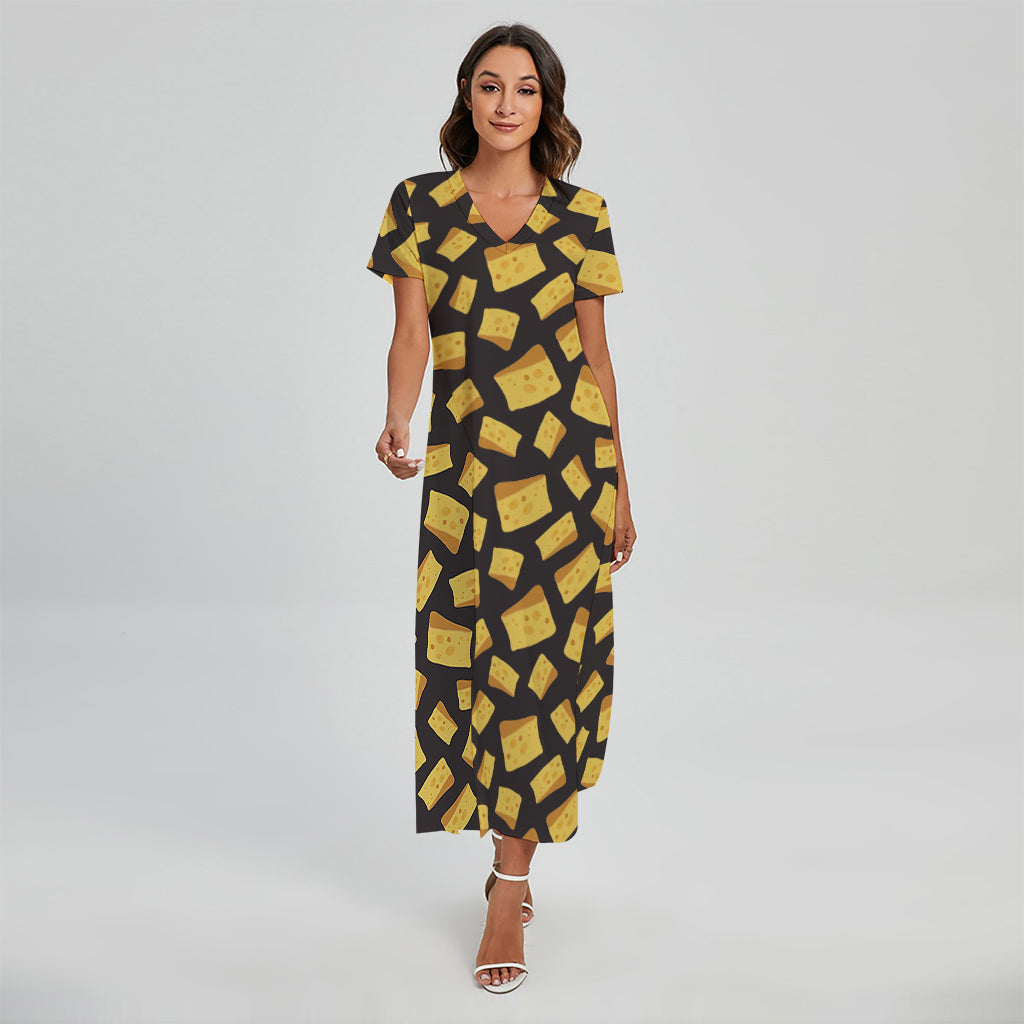 Black Cheese And Holes Pattern Print Short Sleeve Maxi Dress