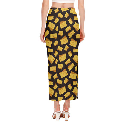 Black Cheese And Holes Pattern Print Side Slit Maxi Skirt