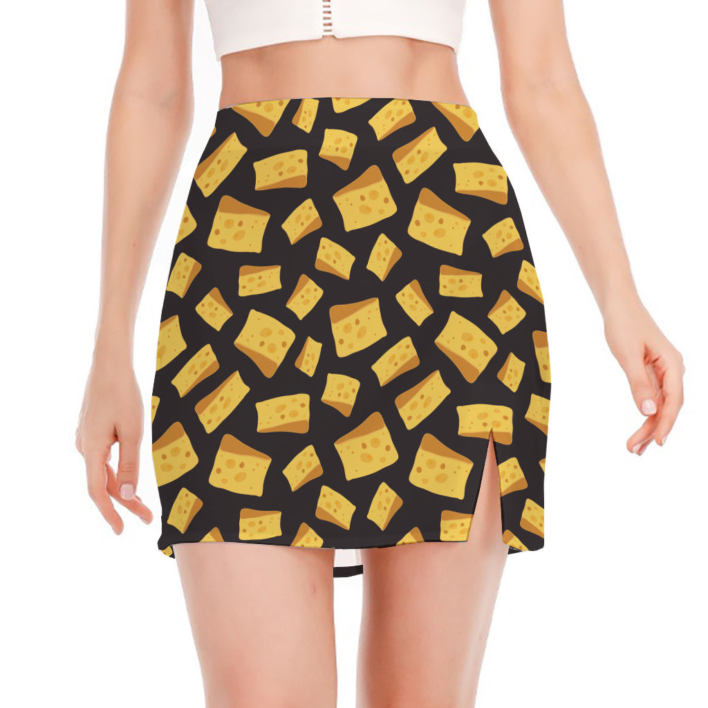 Black Cheese And Holes Pattern Print Side Slit Mini Skirt