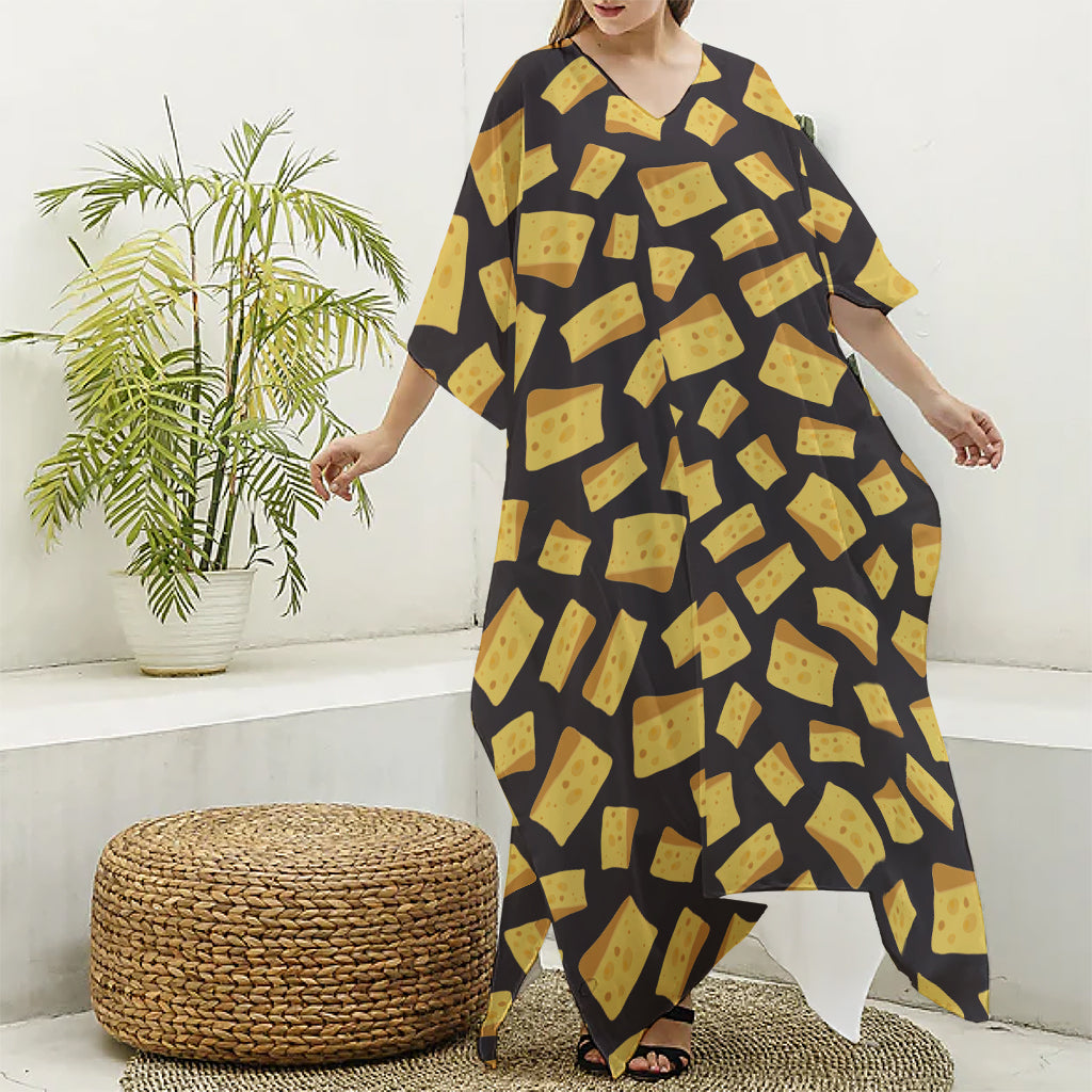 Black Cheese And Holes Pattern Print Silk V-Neck Kaftan Dress