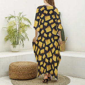 Black Cheese And Holes Pattern Print Silk V-Neck Kaftan Dress