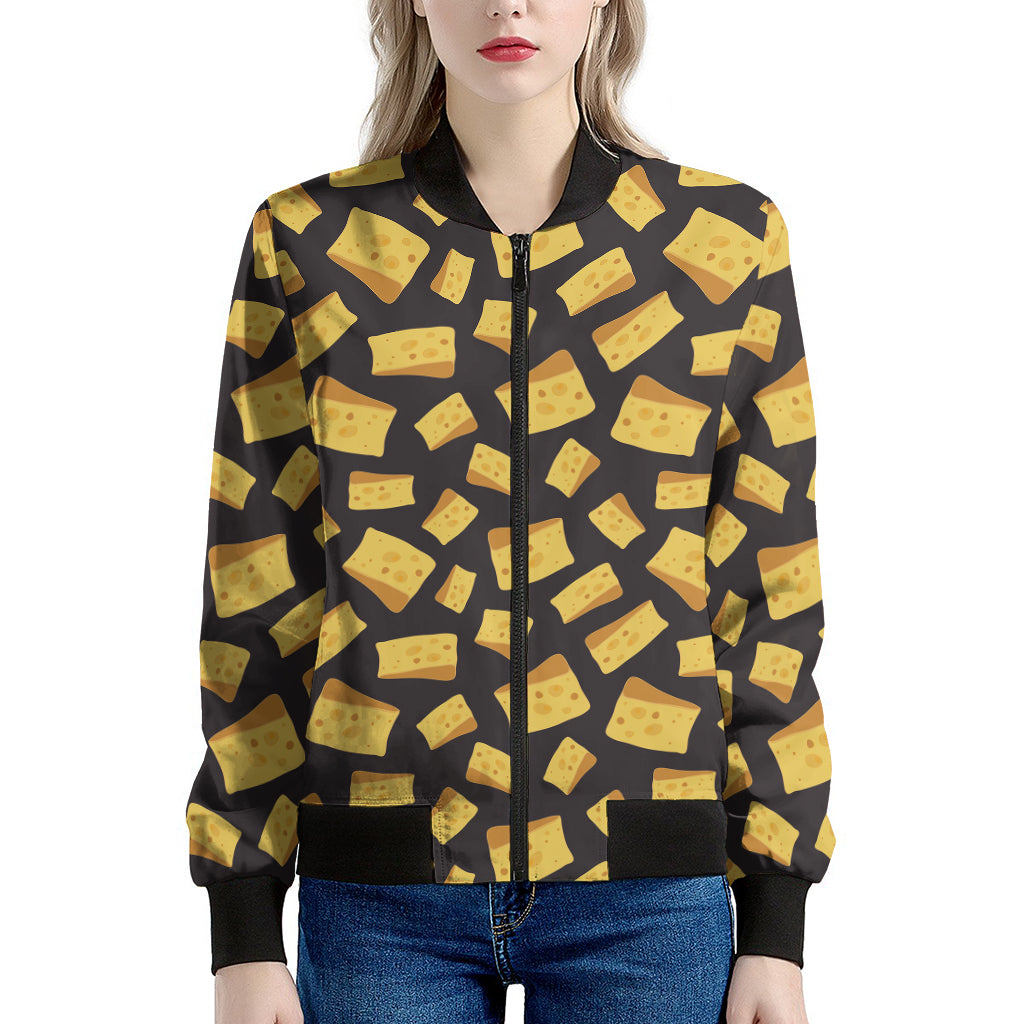 Black Cheese And Holes Pattern Print Women's Bomber Jacket