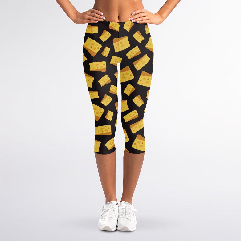Black Cheese And Holes Pattern Print Women's Capri Leggings