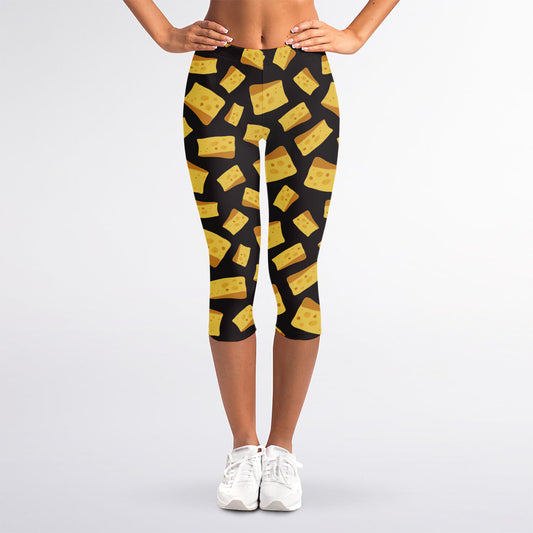 Black Cheese And Holes Pattern Print Women's Capri Leggings