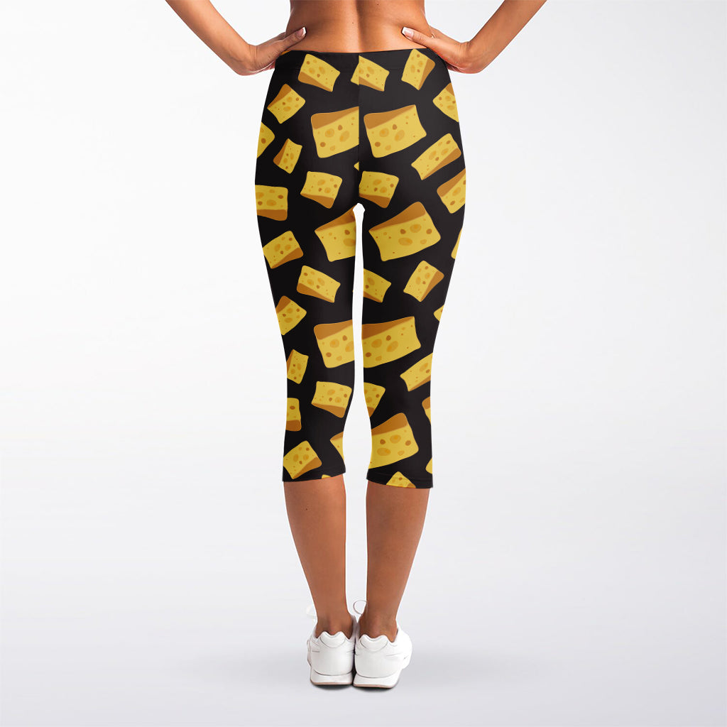 Black Cheese And Holes Pattern Print Women's Capri Leggings