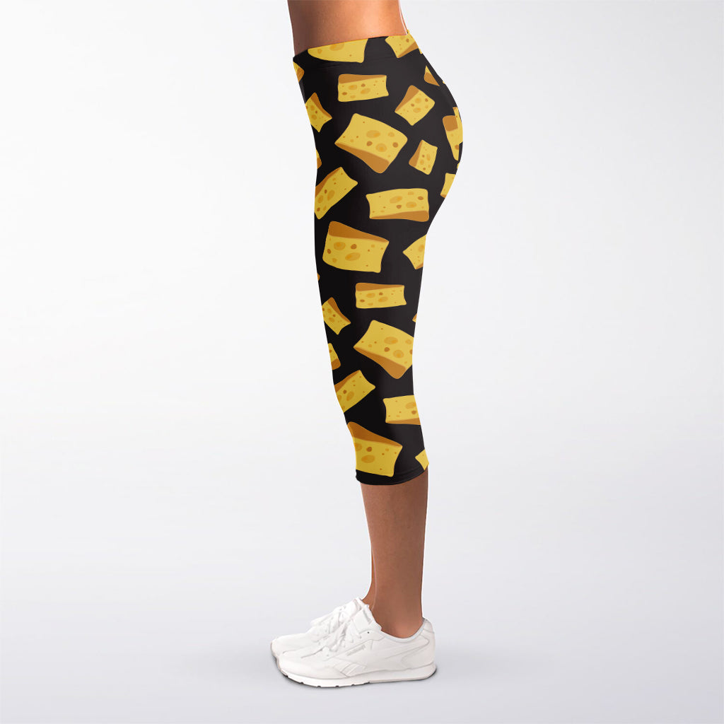 Black Cheese And Holes Pattern Print Women's Capri Leggings