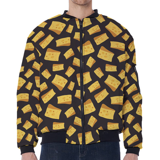 Black Cheese And Holes Pattern Print Zip Sleeve Bomber Jacket