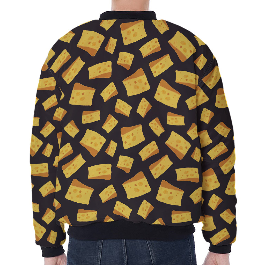 Black Cheese And Holes Pattern Print Zip Sleeve Bomber Jacket