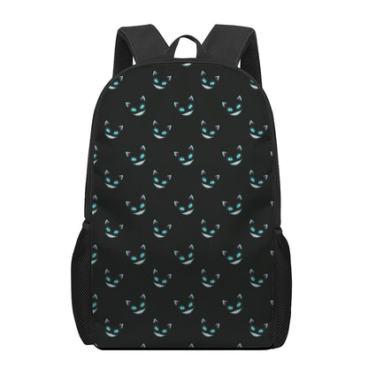 Black Cheshire Cat Pattern Print 17 Inch Backpack