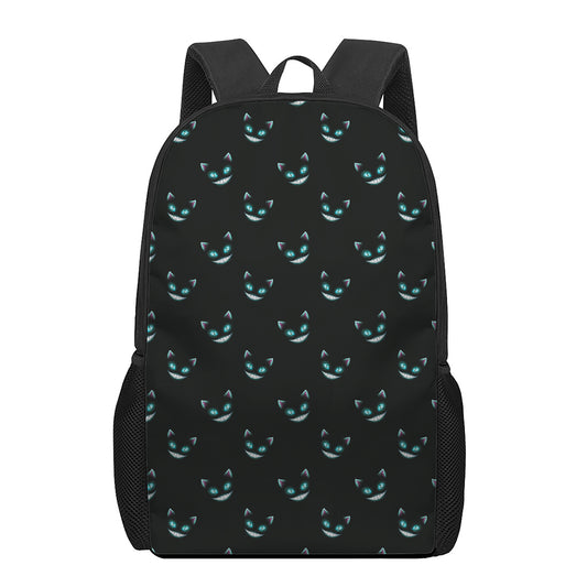 Black Cheshire Cat Pattern Print 17 Inch Backpack