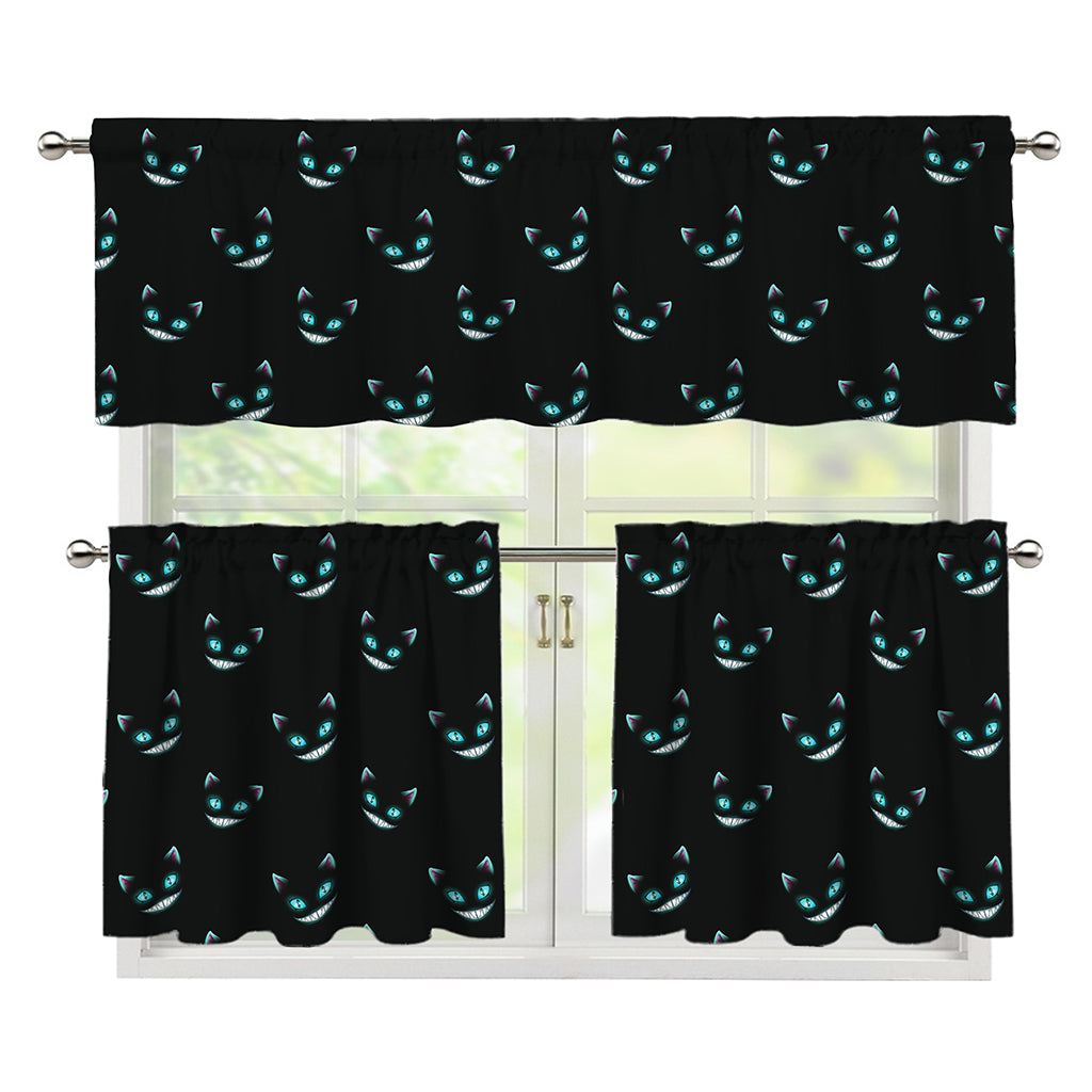 Black Cheshire Cat Pattern Print 3 Piece Kitchen Curtains