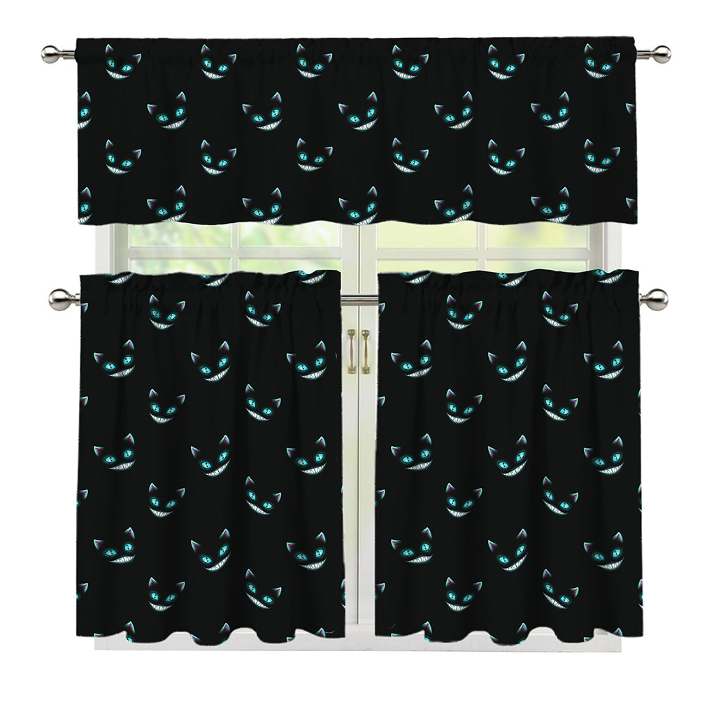 Black Cheshire Cat Pattern Print 3 Piece Kitchen Curtains