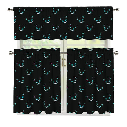 Black Cheshire Cat Pattern Print 3 Piece Kitchen Curtains