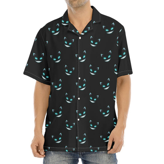 Black Cheshire Cat Pattern Print Aloha Shirt
