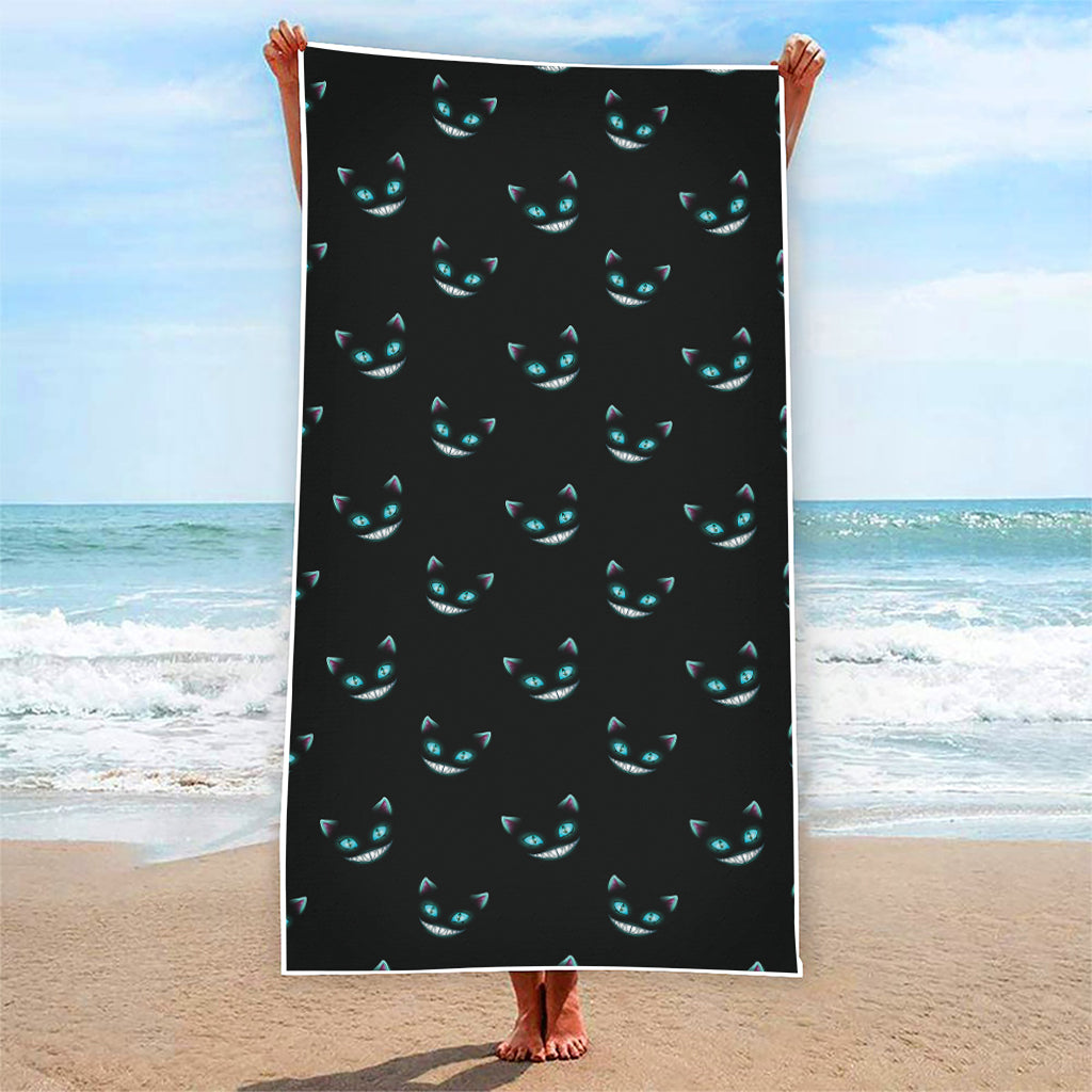 Black Cheshire Cat Pattern Print Beach Towel