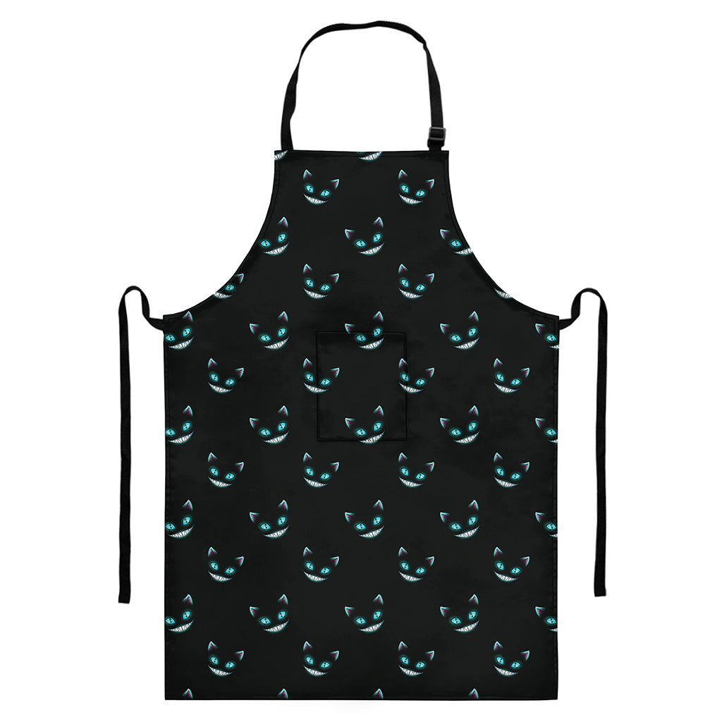 Black Cheshire Cat Pattern Print Bib Apron With Pocket