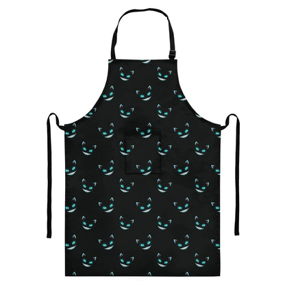 Black Cheshire Cat Pattern Print Bib Apron With Pocket