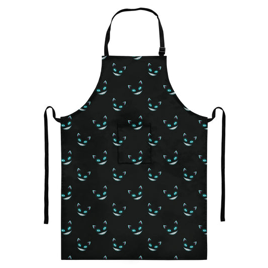 Black Cheshire Cat Pattern Print Bib Apron With Pocket