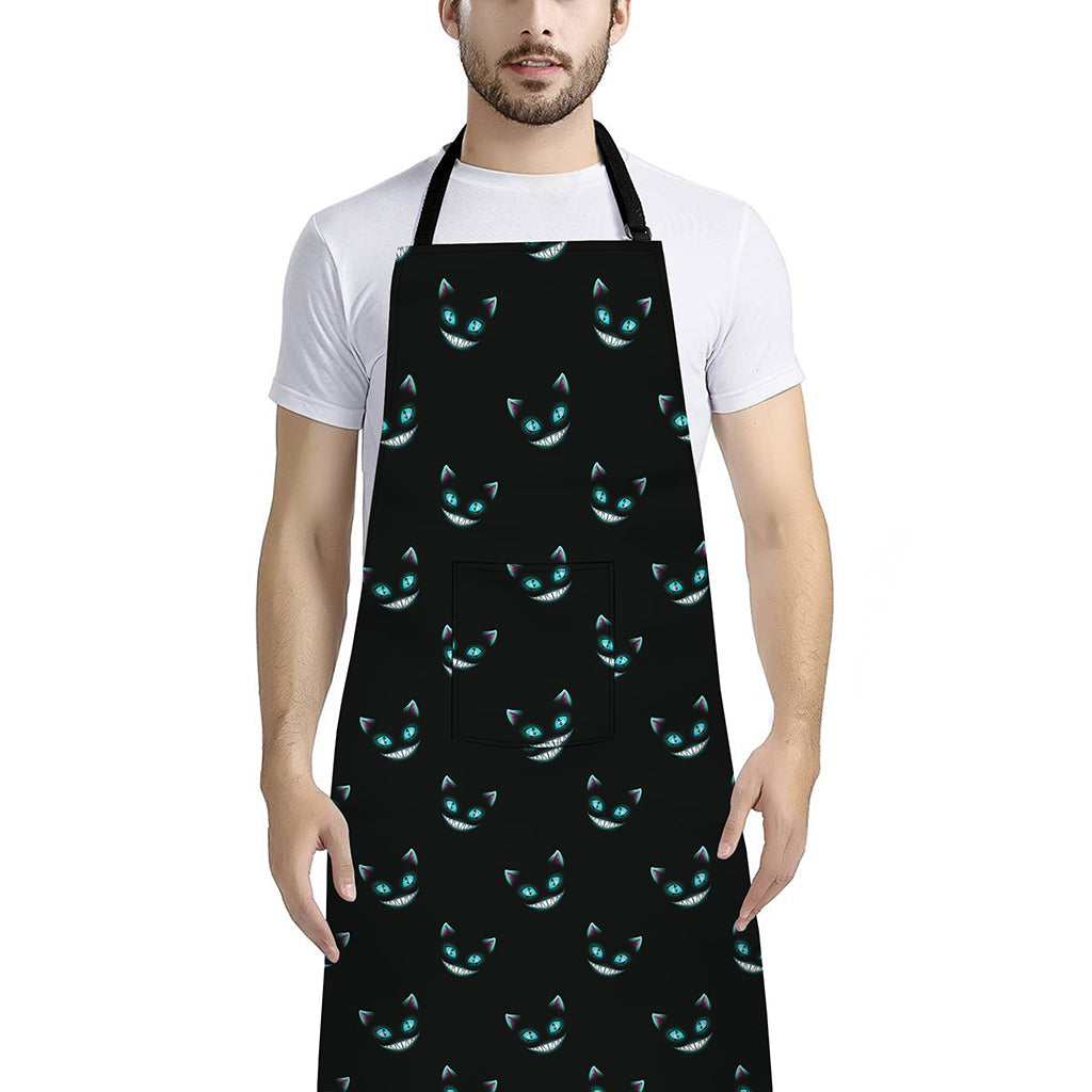 Black Cheshire Cat Pattern Print Bib Apron With Pocket