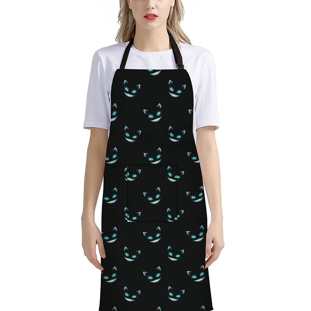 Black Cheshire Cat Pattern Print Bib Apron With Pocket