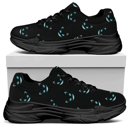 Black Cheshire Cat Pattern Print Black Chunky Shoes