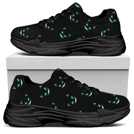 Black Cheshire Cat Pattern Print Black Chunky Shoes