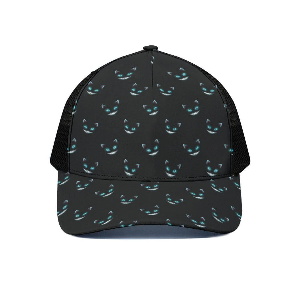 Black Cheshire Cat Pattern Print Black Mesh Trucker Cap