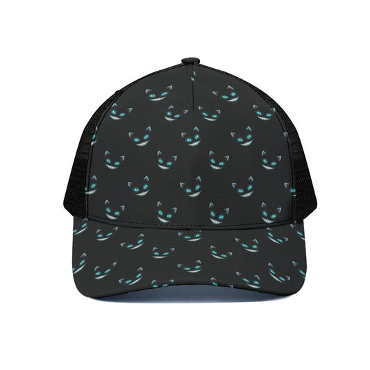 Black Cheshire Cat Pattern Print Black Mesh Trucker Cap