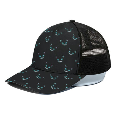 Black Cheshire Cat Pattern Print Black Mesh Trucker Cap
