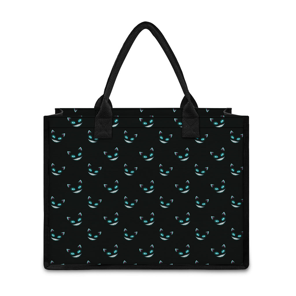 Black Cheshire Cat Pattern Print Canvas Tote Bag