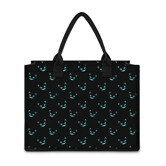 Black Cheshire Cat Pattern Print Canvas Tote Bag