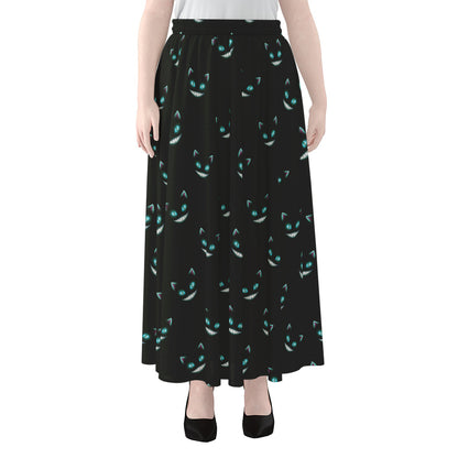 Black Cheshire Cat Pattern Print Chiffon Maxi Skirt