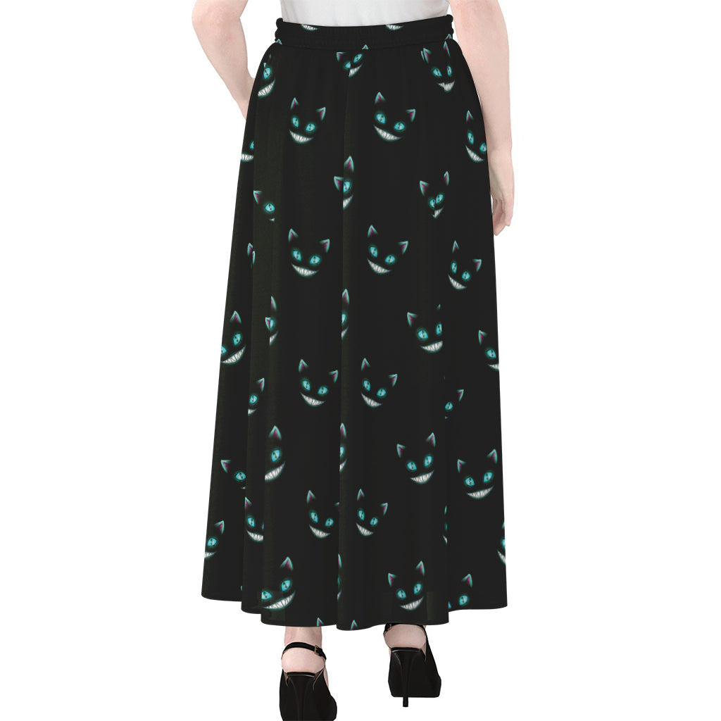 Black Cheshire Cat Pattern Print Chiffon Maxi Skirt